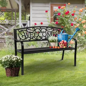 VINGLI Outdoor Metal Garden Bench with PVC Back Pattern, Black Steel Welcome Bench for Patio, Porch, Deck, Yard, Lawn Decor Entryway