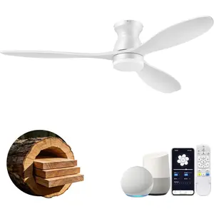 52"  Ceiling Fans with Lights Remote, Control via Wifi Alexa APP,Quiet DC ,Modern Flush Mount Hugger Ceiling Fan for Low Profile Bedroom,Patio,Matte White,Outdoor Indoor,3 ,Dimmable