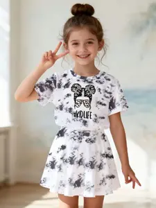 Cartoon 3D Printed Tie-Dye Girls Short Sleeve Top + Casual Skirt Set, 2 Piece Summer, Outdoor Leisure Activities