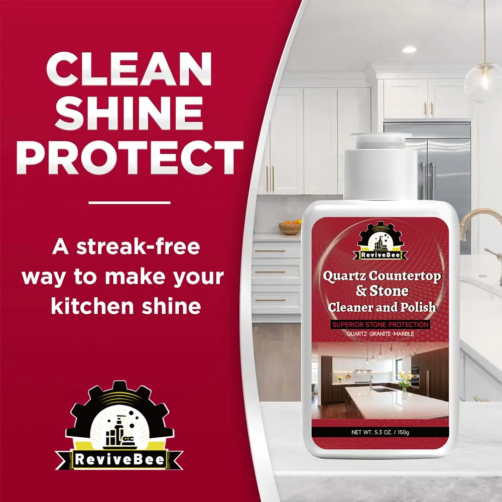 Quartz Countertop Cleaner and Polish, cleans and shines quartz countertops with UV protection, cleans stovetops and protects kitchens