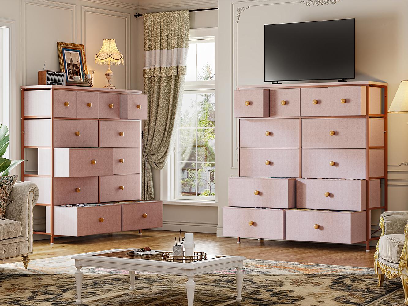 【New Size Avaialble】RaybeeFurniture 12 Tall Pink Dresser for Bedroom, Storage Cabinet Organizer, Modern Fabric Storage Tower, Chest of Drawers with Steel Frame, Wood Top for Living Room, Hallway, Closet