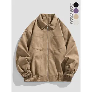 Men's Solid Color Zipper Elastic Hem PU Leather Jacket, Loose Casual Fashion Drop Shoulder Long Sleeve Collared Outerwear for Daily Wear, Men's Clothes for Fall & Winter