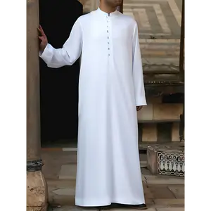 Eid Al-Adha Arabic Kandora - Men's Long Sleeve Solid Color Band Collar Jubba Thobe - Vintage Casual Style - Perfect for Ramadan & Eid Al-Adha Celebrations - Gift for Muslim Men