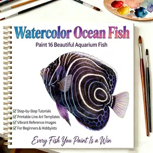 Watercolor Ocean Fish Painting Book for Beginners, 16 Aquarium Fish Tutorials, Printable Templates, Spiral Bound, 8.27"x8.27", Art Guide for Hobbyists
