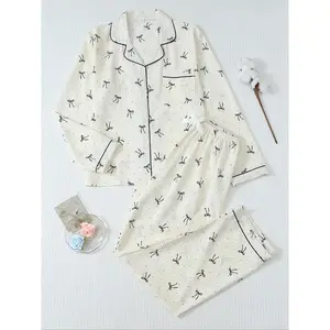 Women's Striped Bow Print Long Sleeve Pajama Set, Sweet Cute Button Front Top and Pants, Casual Home Wear for All Seasons