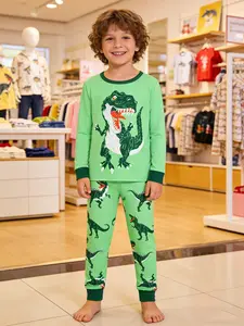 Kids Dinosaur Print Long Sleeve Top and Pants Set, Casual Loose-Fit Home Leisure Wear, Comfortable Vibrant Digital Print Sleepwear for All Seasons, Pajama Lounge Sets