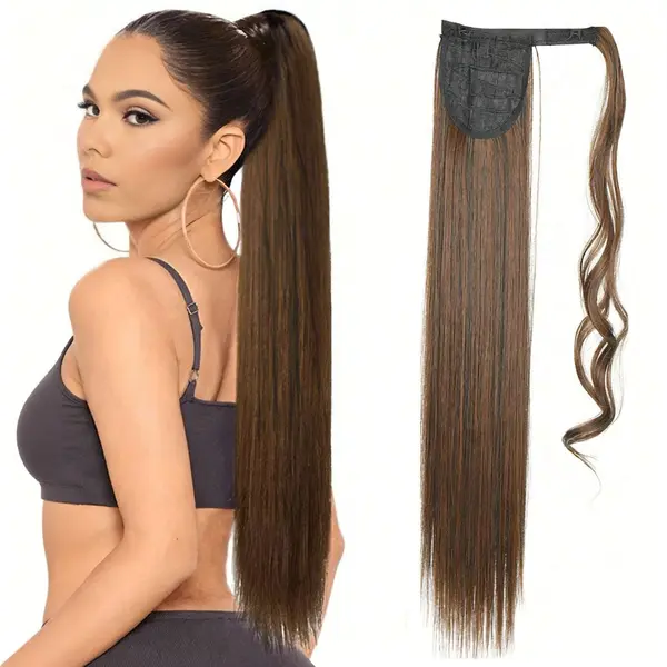 Women's 26-inch Synthetic Ponytail Extensions - Quick Clip-in Hairpieces, Straight/Curly Styles, Multi-Color Synthetic Fiber Attachments for Daily Wear