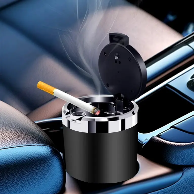 Car Ashtray Detachable Stainless Steel Smokeless with LED Blue Light Airtight Large Capacity for Most Vehicles Universal Interior Accessories