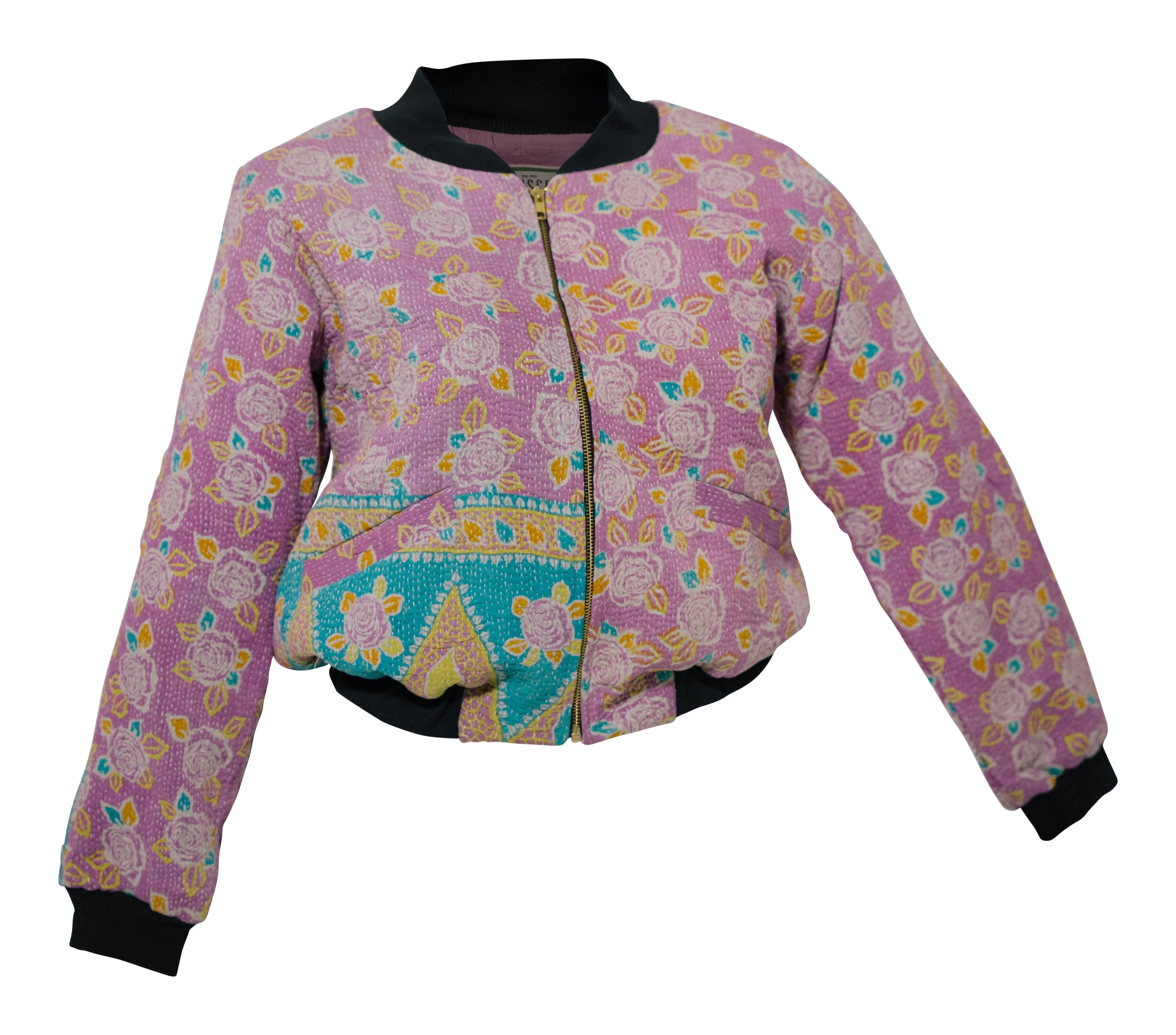 NADIA BOMBER JACKET - Vintage Kantha - PINK ROSES - MEDIUM