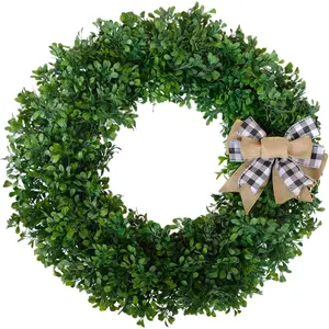 24 Inch Spring Green Wreath Artificial Boxwood Wreath with Burlap Bow - Farmhouse Front Door Wreaths for Year-Round Indoor/Outdoor Window Fireplace Decor Wedding Party Festive Decor