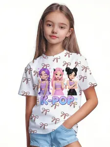 Girls' K-Pop Series T-Shirts, Bow Knot Design, Casual Short Sleeves, Comfortable Soft Fabric, Perfect Gift for K-Pop Fans, Graphic Print Shirt