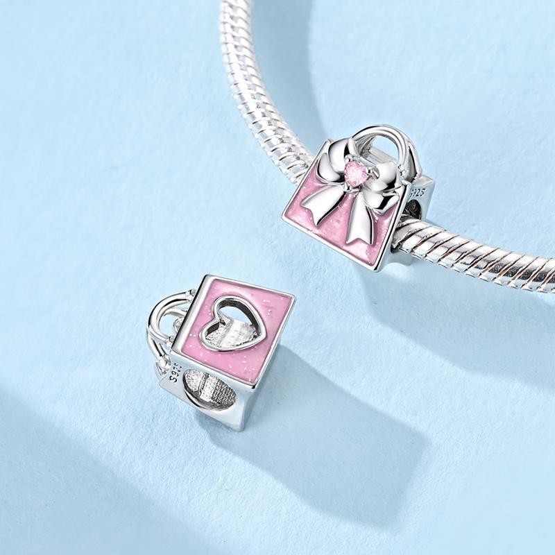 Pink series Charms Plata De Ley 925 Original Heart Pet Cat Dog Bow Handbag luggage Charm Beads Fits Bracelet DIY Jewelry Making