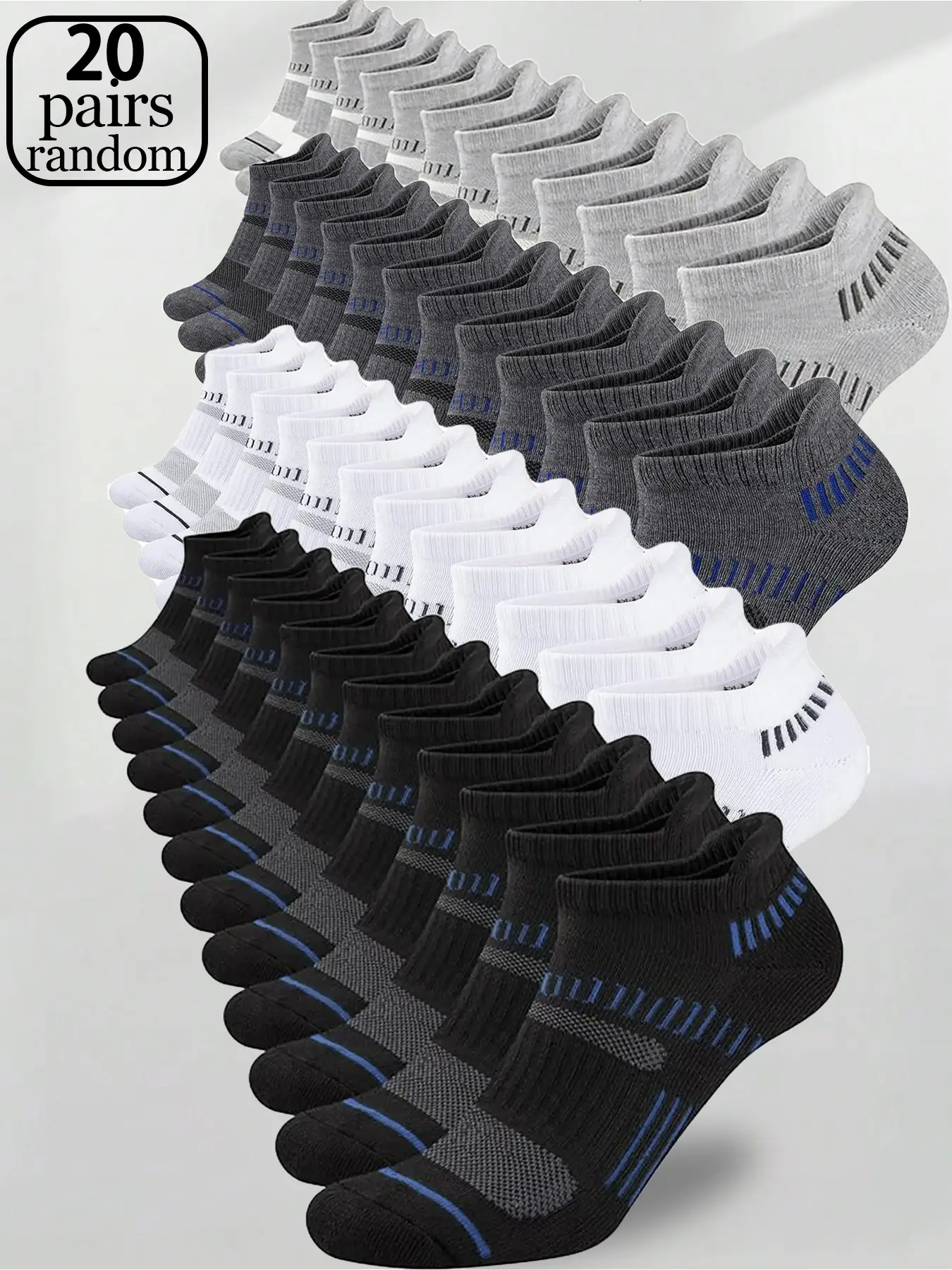 Men's Moisture-Wicking Sports Socks, Breathable Ankle Socks for Daily & Outdoor Activities, Random 20 Pairs Pack, Striped Design, Athletic Sock, Sweat Absorbent Socks