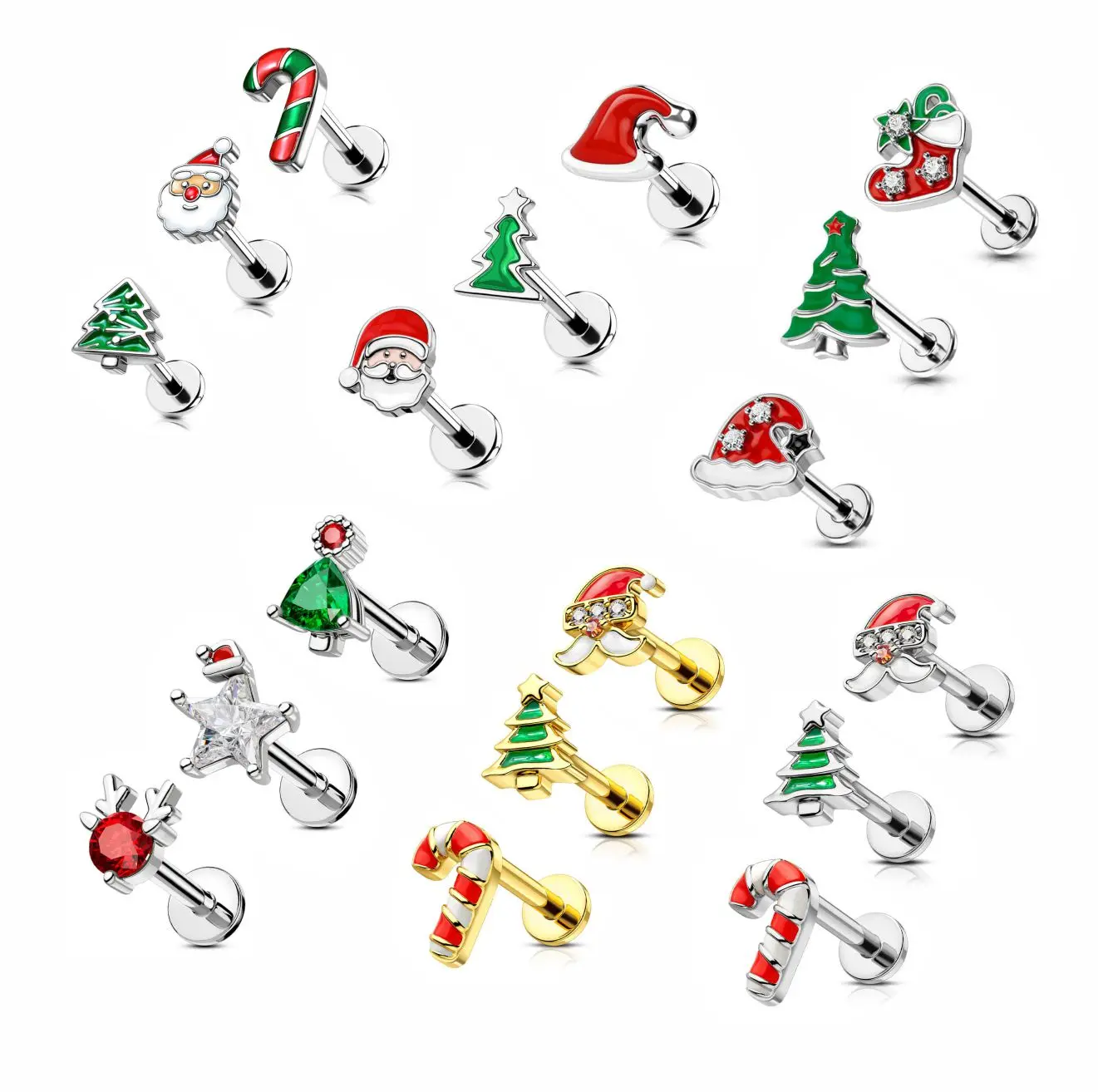 Oufer 16G 3PCS Christmas Labret Studs Collection Sets 316L Stainless Steel Festive Earrings for Christmas & New Year Gifts