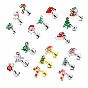 Oufer 16G 3PCS Christmas Labret Studs Collection Sets 316L Stainless Steel Festive Earrings for Christmas & New Year Gifts