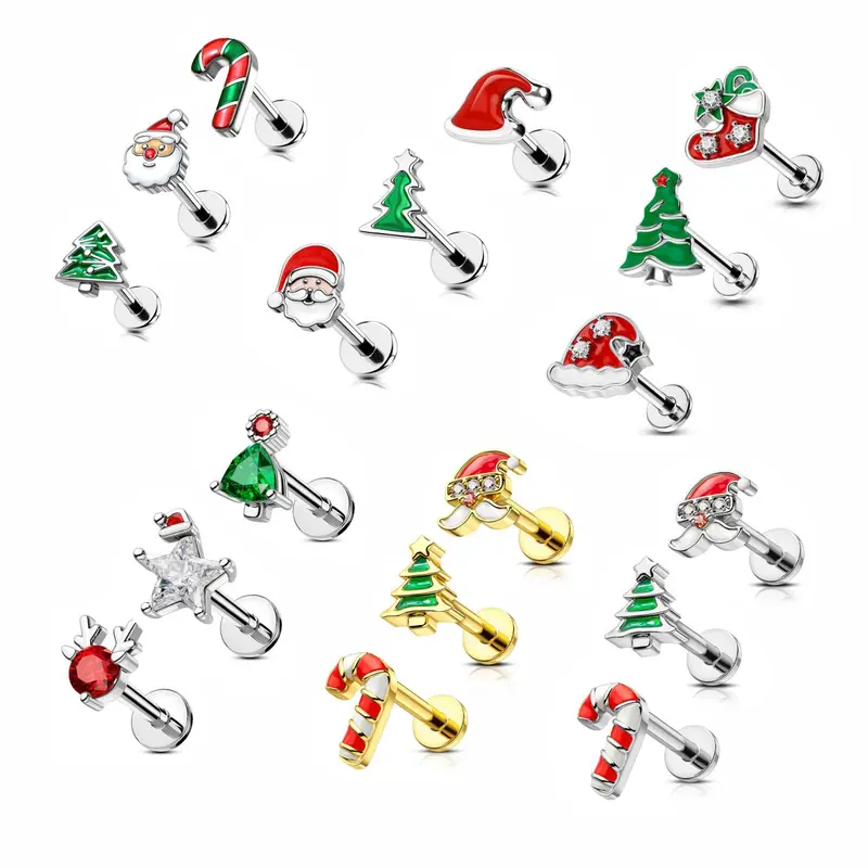 Oufer 16G 3PCS Christmas Labret Studs Collection Sets 316L Stainless Steel Festive Earrings for Christmas & New Year Gifts