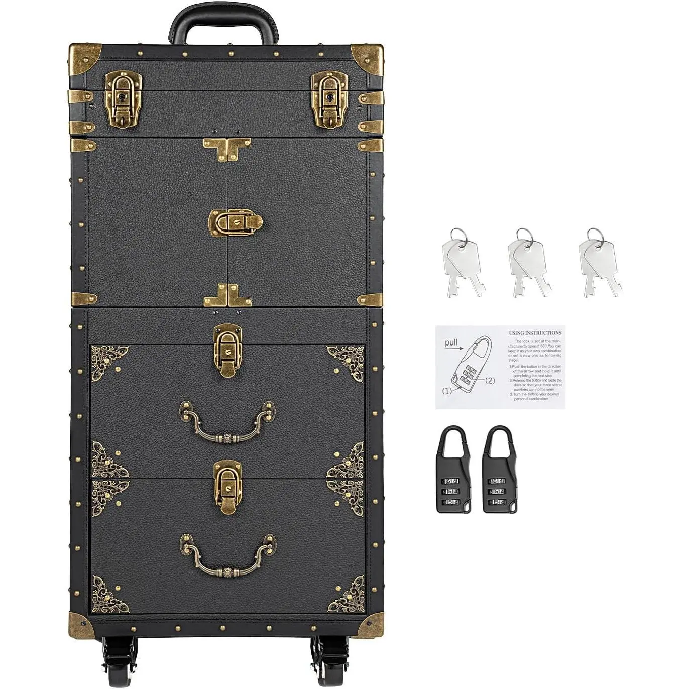 Electroplating PU Leather Rolling Lockable Makeup Train Case (15.15x10x31.7in, Black) - 2*Combination Locks, 1*English Combination Lock Instruction, 12.5kg/27.55lbs, Hairdryer Holder, Carry Handle, Trolley for Hairstylists, Three Layers