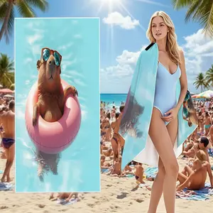 Capybara Beach Towel with Sunglasses & Pink Floatie - Quick Dry Absorbent Microfiber Pool Towel for Summer Vacation & Travel