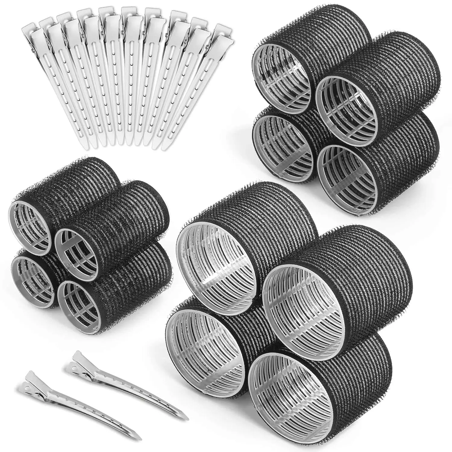 Self Grip Hair Rollers Curlers Set - 24 Pieces with 3 Sizes (4 Jumbo, 4 Large, 4 Medium) and 12 Clips for Volume on Long, Short, Thick, Or Fine Hair, Heatless Curling Iron, Hair Styling Tools, Hair Rollers Wave