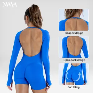 Women's Long Sleeve Workout Jumpsuit, Breathable High-Stretch Bodysuit with Tummy Control, Built-in Pads & Butt-Lifting for Gym Fitness