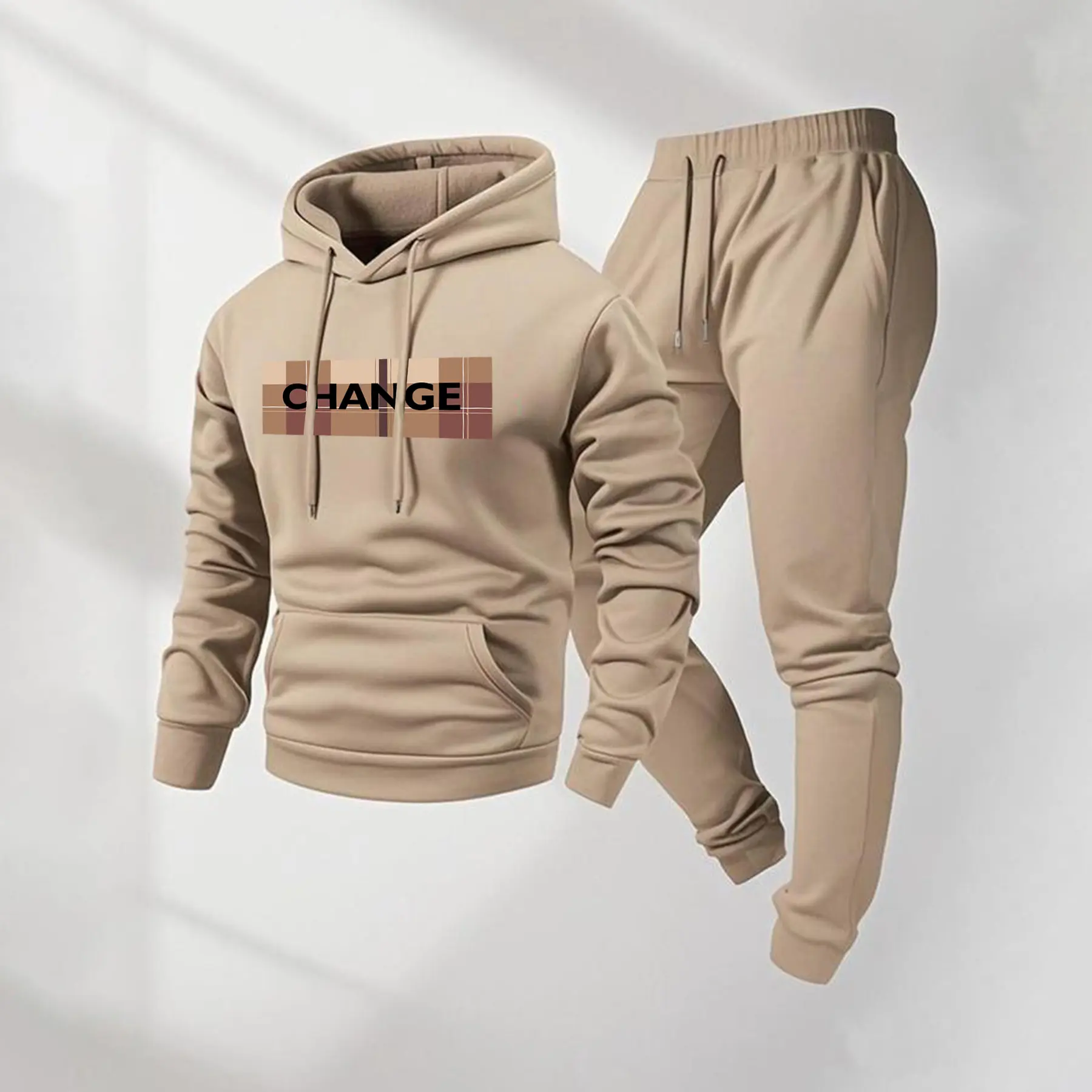 Men's Casual Athletic Sweatsuit Set, Loose-Fit 2-Piece Polyester Hoodie and Jogger Pants with Letter Print and Pockets, Men's Sweatsuit Set