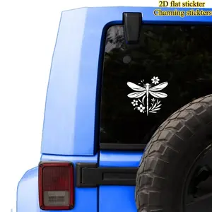 1PC Logo Sticker, Car Decal, Sticker For Cars, Stick on off-road vehicle windows, white dragonfly + flower & branch decor, nature enthusiasts use as soothing decoration