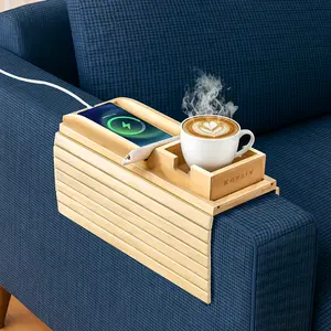 Bamboo Sofa Armrest Tray – Couch Arm Tray with Detachable Cup Holder, 2 in 1 Anti-Slip Foldable Sofa Armchair Caddy Table, Wooden Couch Tray with Drink Holder for Coffee, Phone, TV Remote, Snacks, Perfect Gift for Home, Housewarming, Christmas