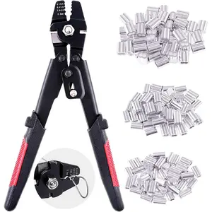 Profession Up To 2.2mm Wire Rope Crimping Tool Wire Rope Swager Crimpers Fishing Crimping Tool With 150 count 3 Size Aluminum Double Barrel Ferrule Crimping Loop Sleeve Kit