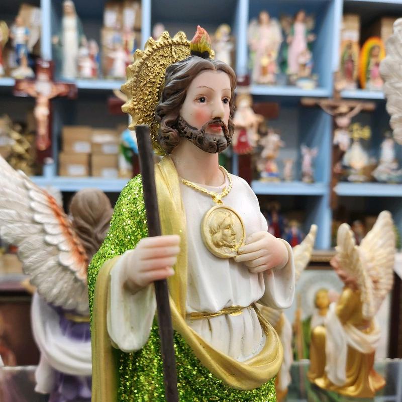 San Judas 12" Estatua con Brillo - Detailed Figure with Green Sparkling Robe and Gold Accents St Jude Religious Decor Tadeo