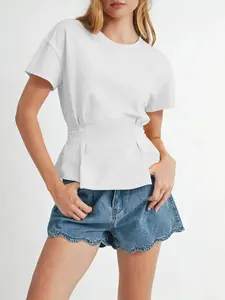 Tankaneo Womens Peplum Tops Babydoll Summer Short Sleeve Pleated T-Shirts Casual Loose Fit Flowy Workout Tshirts