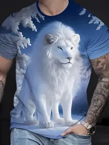 Men's Casual Sporty Streetwear 3D Lion Print T-Shirt, Breathable Round Neck Regular Fit, Summer Top, Cool Gift, Menswear