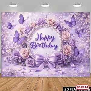 1pc 2D Flat Sequin Graphic Throw Birthday Party Background Banner, Purple-Pink Gradient Glitter Design, Oval "Happy Birthday" Logo, Rose Butterfly Elements, Pearl Border, Bow, Sequin Graphic Throws