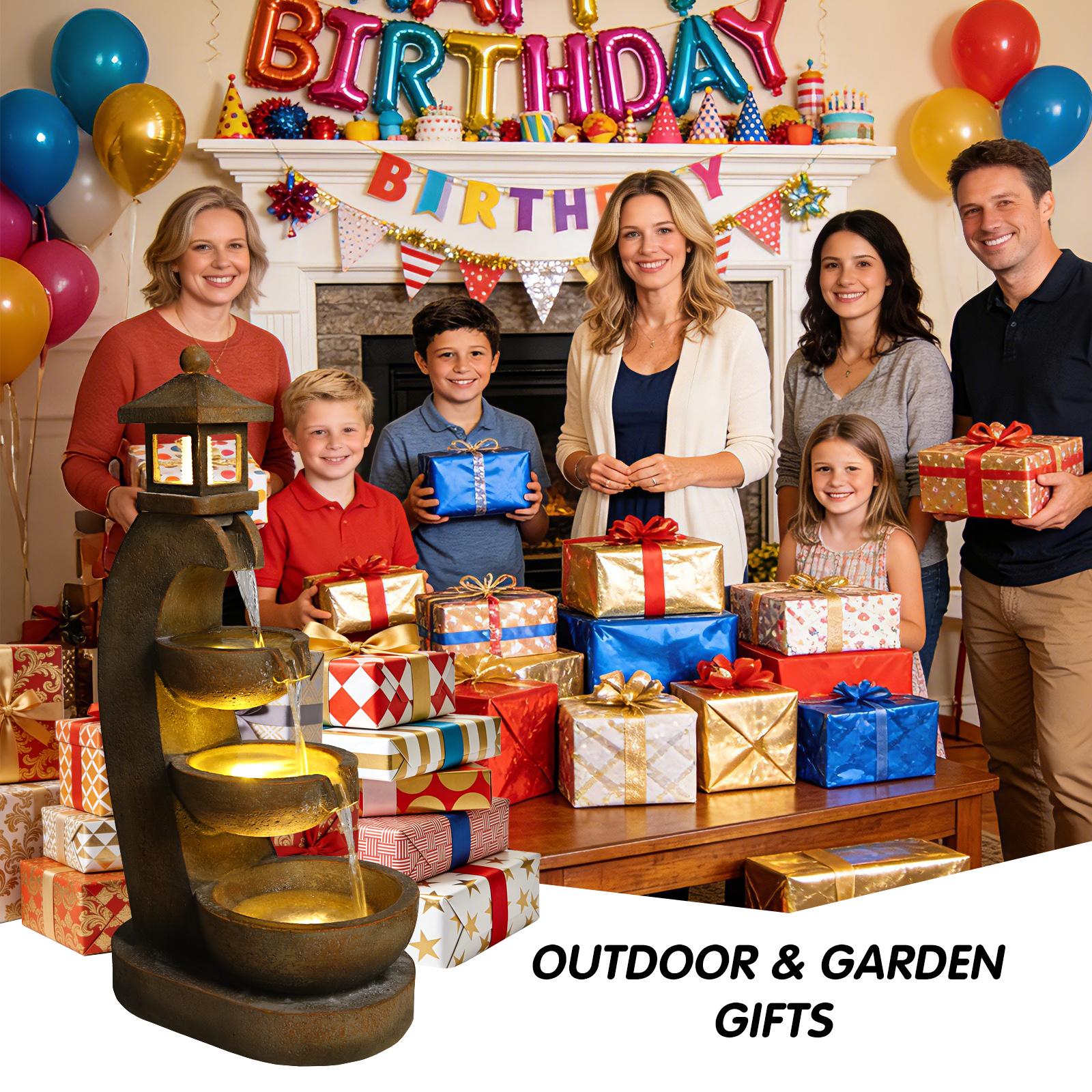 Eyisean 35.4" H Resin Outdoor Water Fountain, All-Weather Freestanding Pagoda Water Feature with LED, 3 Tier Bowl Cascading Lantern Style Garden Fountain for Porch, Home Decor Ideal Gift