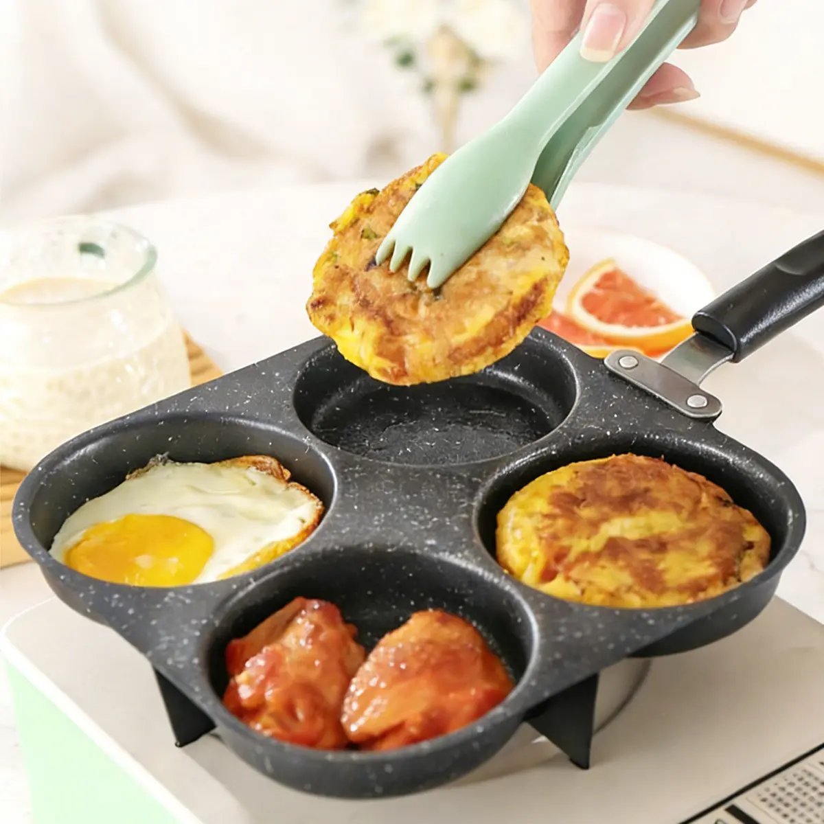 4-in-1 Design Nonstick Cast Iron Griddle - Single Handle Omelette Pan, Frying Tool, Stovetop Compatible, Dishwasher Safe Portable Kitchen Appliance