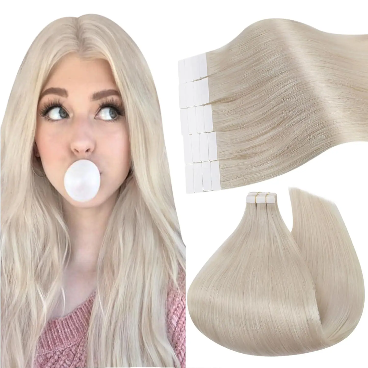Ugeat Tape in Hair Extensions Human Hair Blonde Remy Tape in Extensions for Women Platinum Blonde Invisible Human Hair