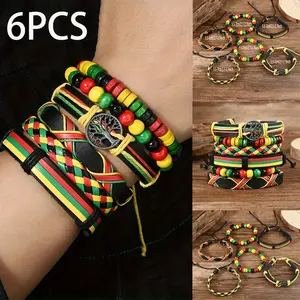 6Pcs Juneteenth Bracelets Set Handmade Retro Geometric Pattern Faux Leather Wristbands Colorful Multi-Layered Bohemian Synthetic Stone Adjustable Jamaican Style Bracelets Stackable Bangle