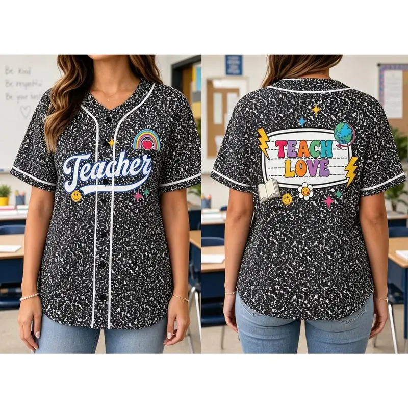 Teacher Baseball Jersey: Back to School Shirt,Lovely Cute Retro Confetti Speckle Teacher Jersey, Multicolor Teach Love Rainbow Smile Face Print Button Up Baseball Top
