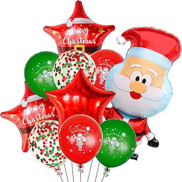 Santa Balloons with Star Balloons Set - 32 Inch, Pack of 10 | Santa Claus Balloons for Christmas Balloons Decorations | Star and Confetti Christmas Foil Balloons, Christmas Decorations Indoor