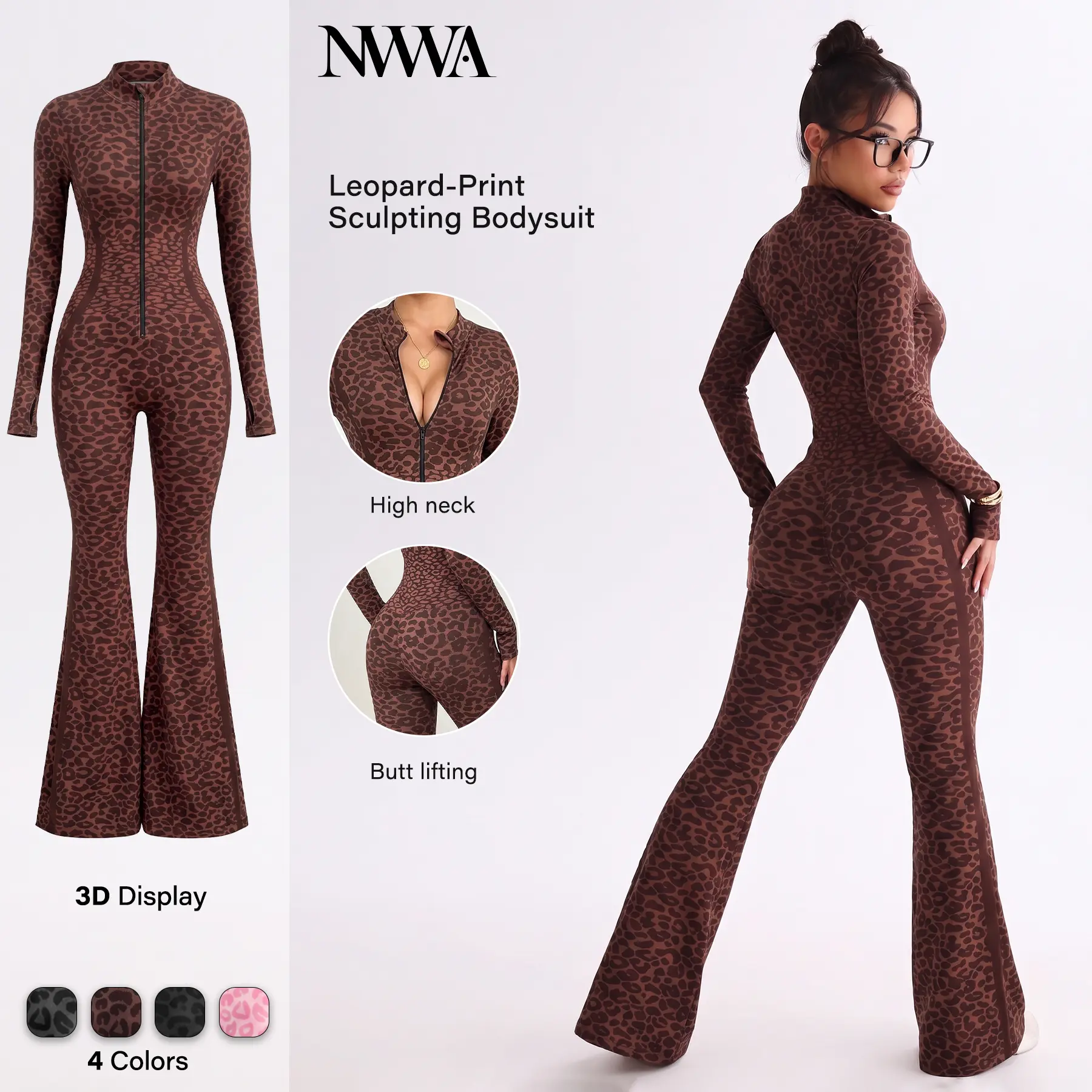 NVWA Women's Leopard Print Athleisure Clothing Sets Women Going Out Long Sleeve Zip Up Jumpsuit Flared Leg Yoga Bodysuit Bell Bottom Unitard Bodycon Slimming Workout Romper Snatched One Piece Gym Suit Aesthetic Streetwear