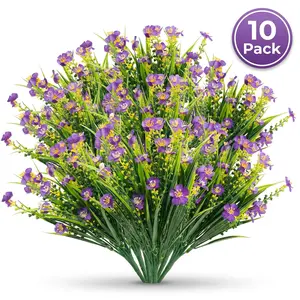 10 Bundles Artificial Flowers for Outdoors, Summer Spring Grass Camellia Fake Flowers Plastic Plants,UV Resistant No Fade Faux Greenery for Gardens Porch Yards Cemetery Decor  (purple)
