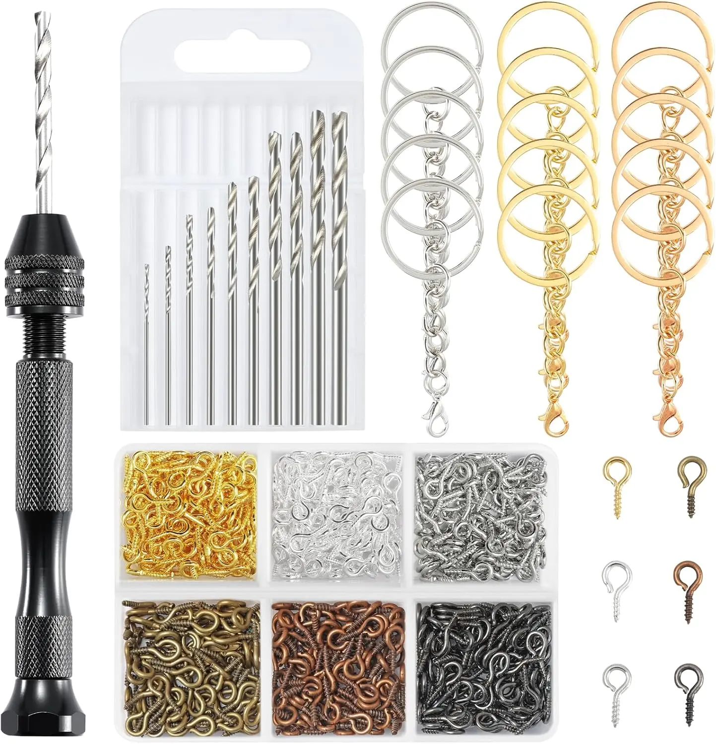 Hand Drill Set for  Crafts, Pin Vise  Making Kit with 10 Drill Bits, 600 Eye Screws, 15  Rings  Push Drill Tool for Epoxy, Molds, DIY Projects (Pin Vise Hand Drill Set - 1)