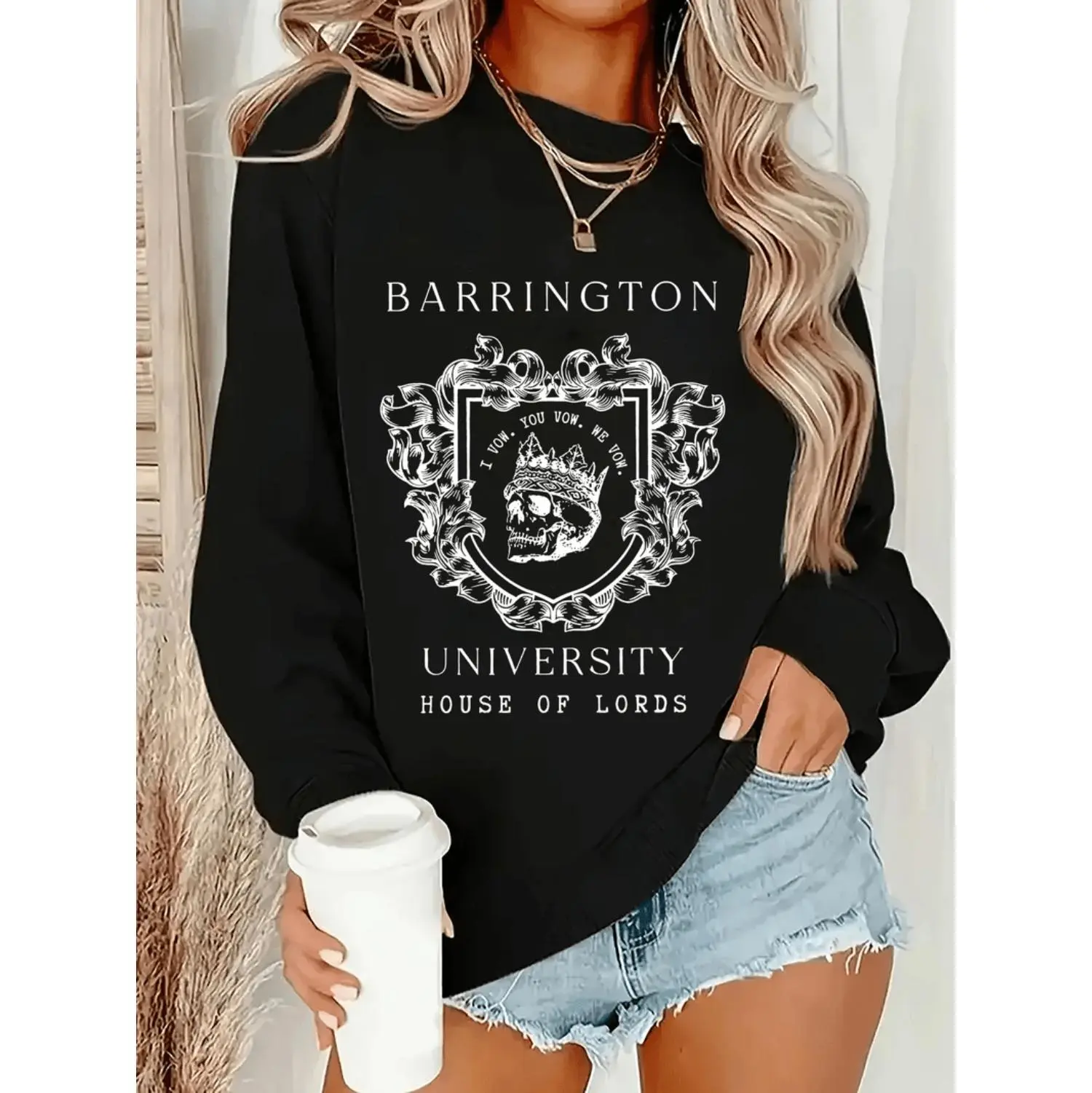 Vintage Barrington University Fleece Lined Sweatshirt With Ornate Crest And Lion Emblem Cozy Thick Pullover For Women In Casual Sporty Style