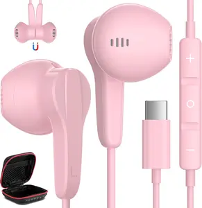 USB C Headphones for  16 15 Pro Max Plus iPad Air, Type C Earphones with Mic HiFi Stereo  USBC Wired Earbuds for  Galaxy S25 S24 Ultra A35 S23 Fe S22+ Flip Pixel 9 8 Pro, Pink
