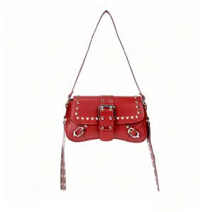 Women's Crossbody Bag Y2k PU Leather Studded Punk Handbag with Chain, Suitable for Daily Shopping Use