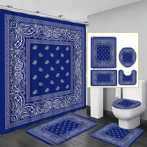 Blue Retro Paisley Nut Flower Shower Curtain Set, Waterproof Polyester Bathroom Curtains, Anti-Slip Mat & Toilet Cover Pad Included