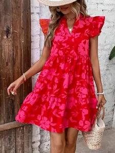 Floral Print Notched Neck Ruffle Trim Smock Dress