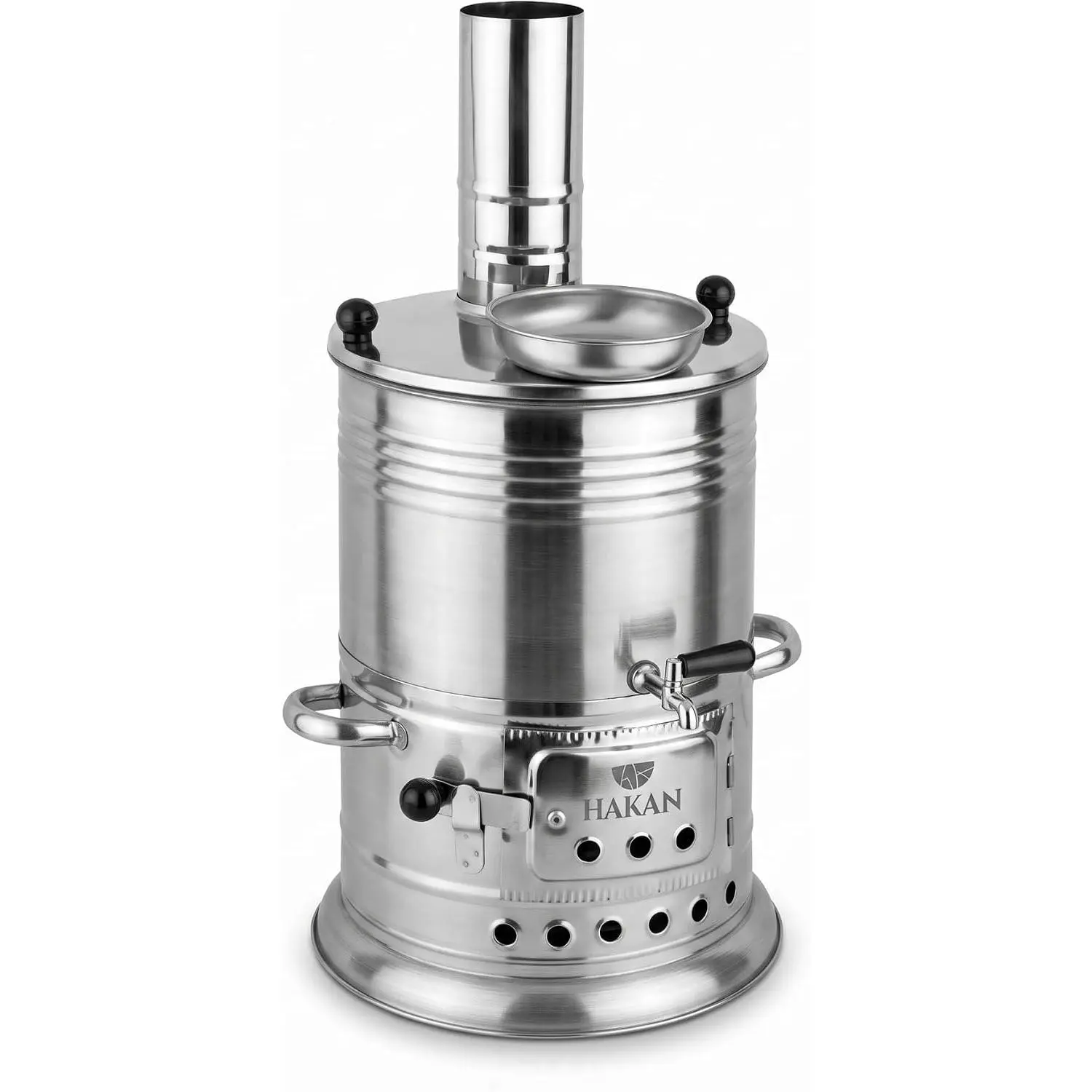 Traditional Portable Turkish Samovar Tea Kettle – Chrome Steel Wood/Coals Fired Outdoor Boiling Pot with Black Handles, 3.7 qt (135.2 oz) Hunt Gear for Camping, Picnic