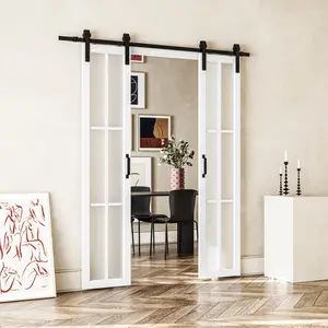 Ark Design Double Sliding Barn Door, 6-Lite Tempered Frosted Glass, Solid Core MDF Wood & PVC Covered Finished, with Hardware Kit & Handle & Floor Guide, White