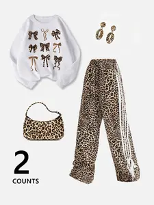 Women's Leopard Bow Print Loose Fit Pullover Set, Womenswear Casual Comfortable Spring & Fall Layering, Perfect Lazy Choice Outfit