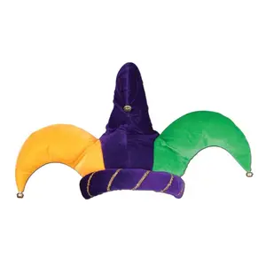 Plush Jester Hat - Gold Green Purple Mardi Gras Theme One Size Fits Most High Quality Novelty Hat with Real Bell and Gold Roping